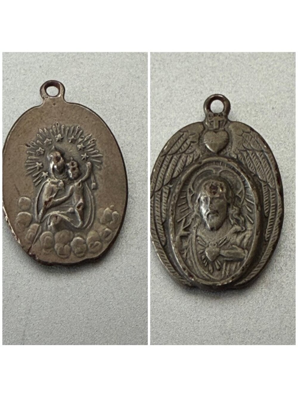 Antique Catholic Scapular Medal Sacred Heart Jesus Our Lady Mount Carmel Aluminu